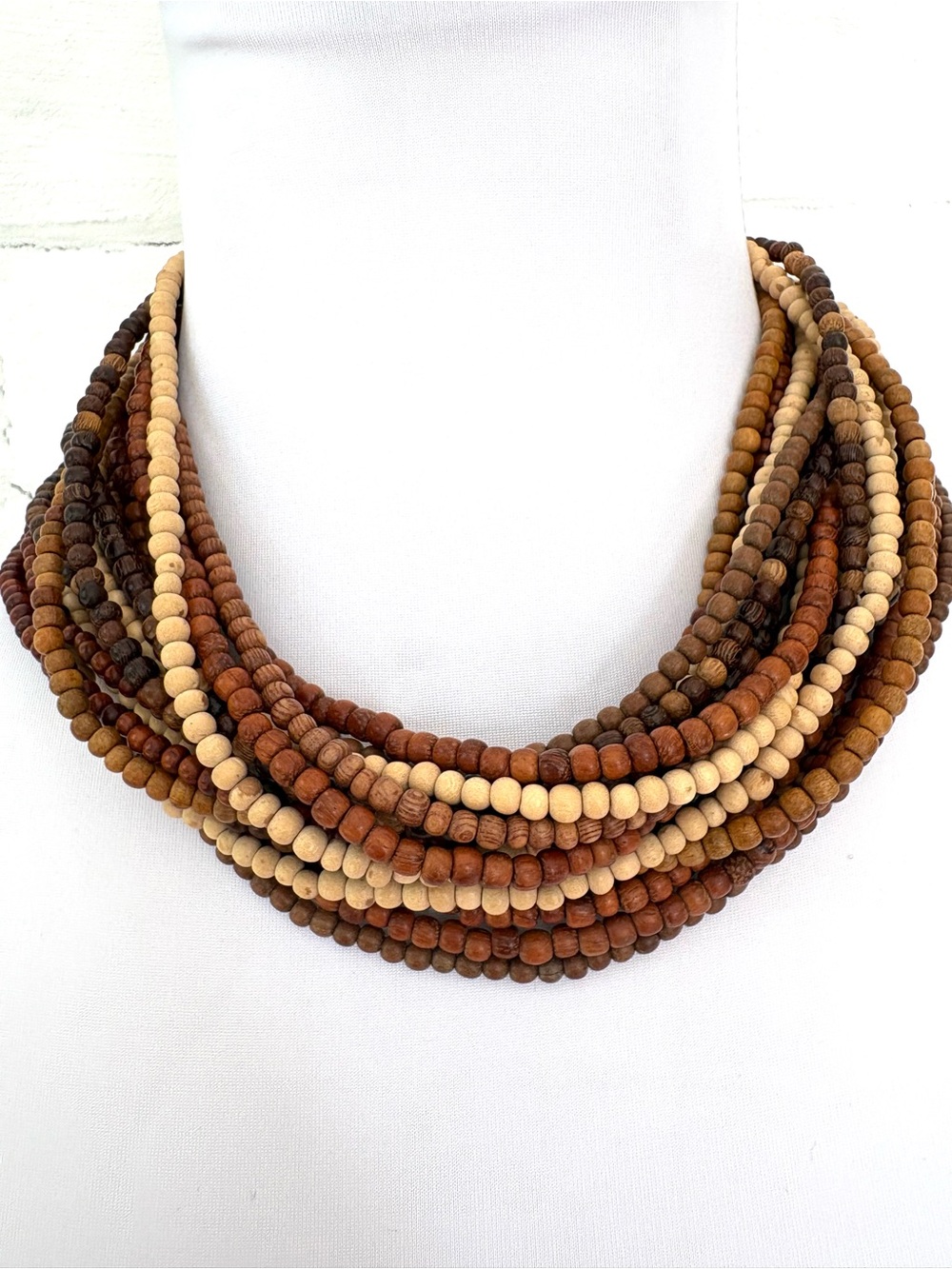 Vintage Multi-Strand Wooden Bead Necklace in Brown and Cream